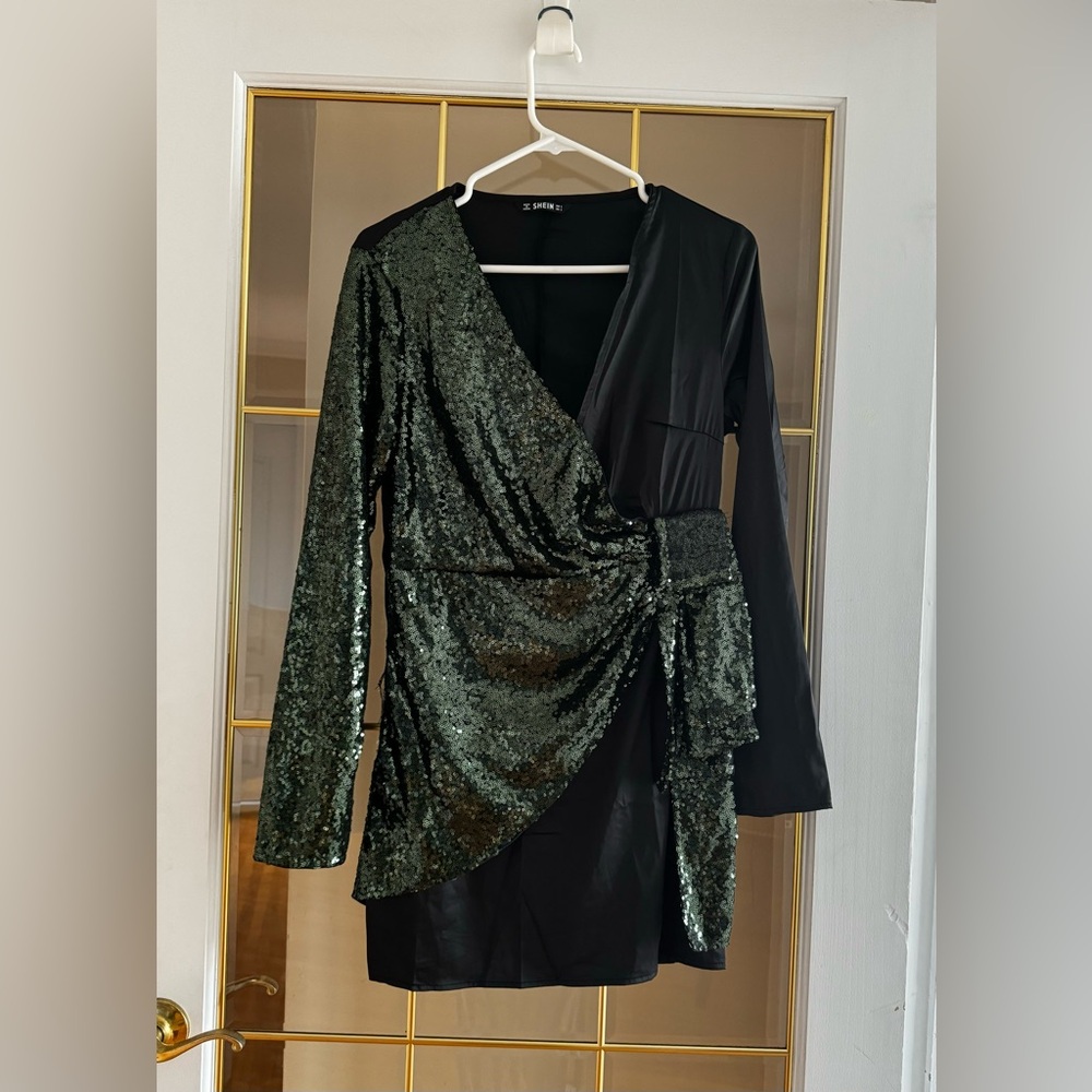 Black and green sequin work dress